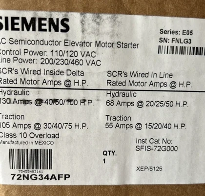 SIEMENS AC Semiconductor Elevator Motor Starter 72NG34AFP