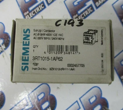 Siemens 3RT1015-1AP62 Contactor, 7 Amp, 3 Pole, 1NC, 240V Coil -C193 -NEW-B